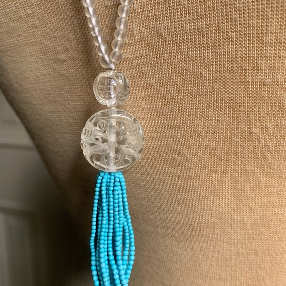 Sweet Olive Matte Rock Crystal w Carved Rock Crystal & Turquoise Tassel Necklace - Picture 4 of 5